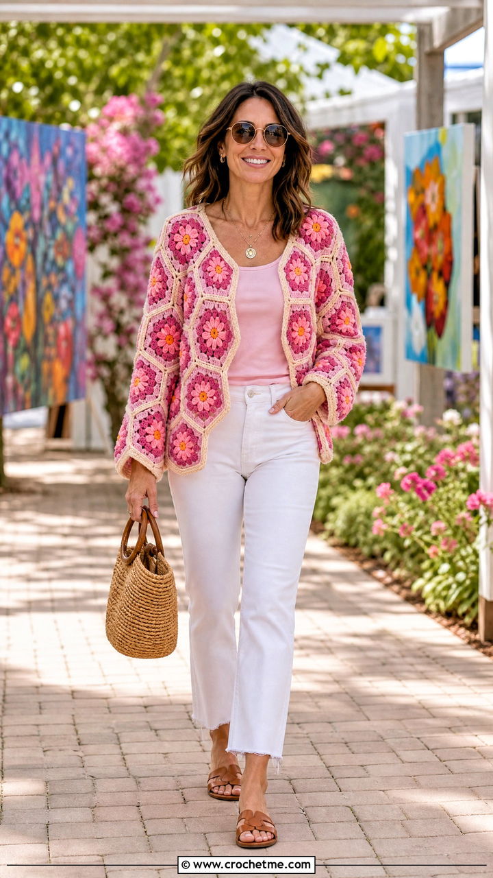 Floral Motif Hexagon Sweater With White Jeans - 35 crochet hexagon sweater outfit ideas