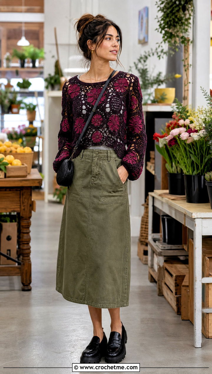 Floral Motif Hollow Out Crochet Sweater With Utility Skirt - 25 Hollow Out Crochet Sweater outfit ideas