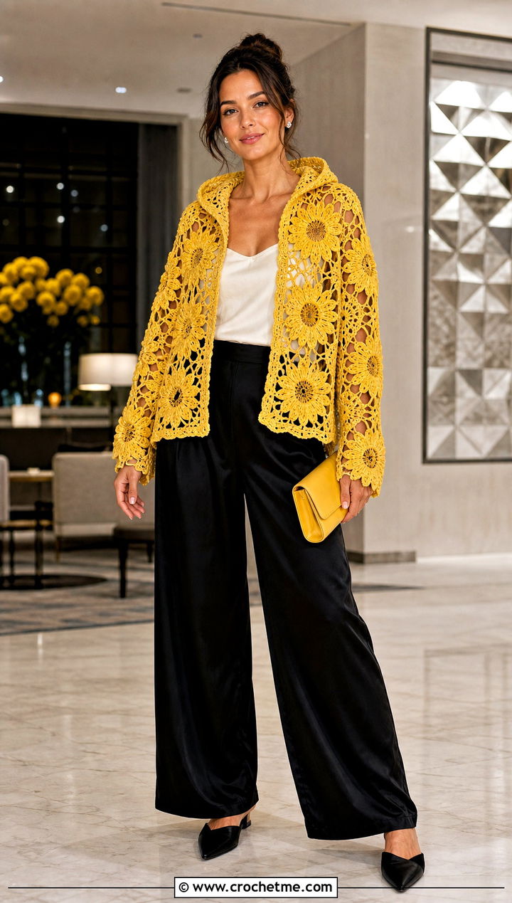 Floral Motif Hooded Crochet Bolero With Satin Pants - 25 hooded crochet bolero outfit ideas