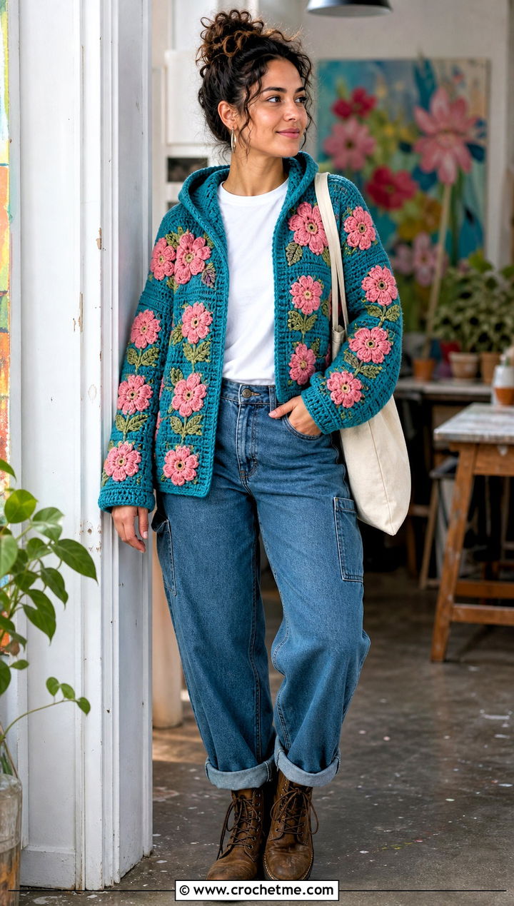 Floral Motif Hooded Crochet Sweater With Workwear Jeans - 25 Hooded Crochet Sweater outfit ideas