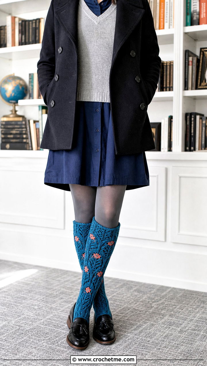 Floral Motif Knee High Crochet Winter Socks With Shirt Dress - 30 crochet winter socks outfit ideas