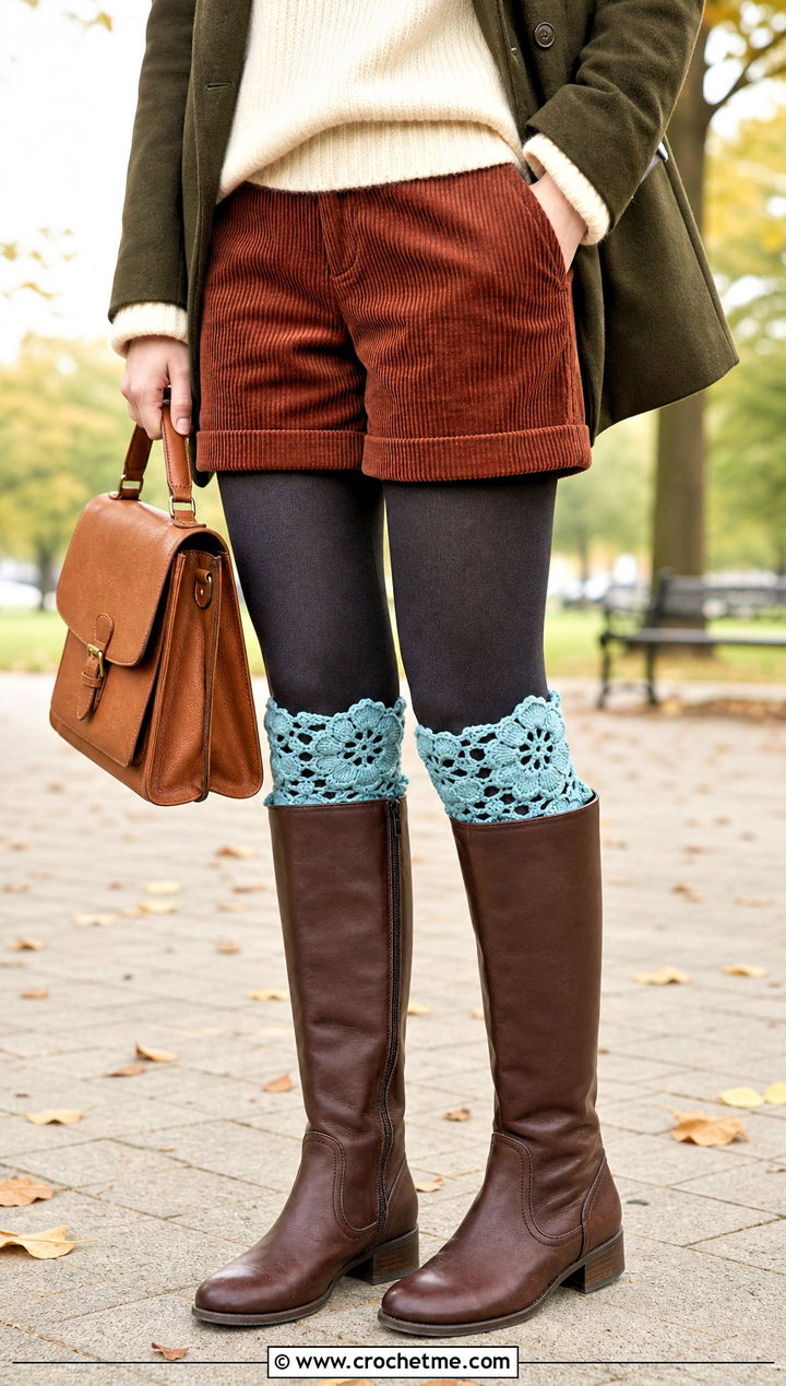Floral Motif Lace Boot Cuffs With Corduroy Shorts And Tall Boots - 15 Crochet Lace Boot Cuffs outfit ideas