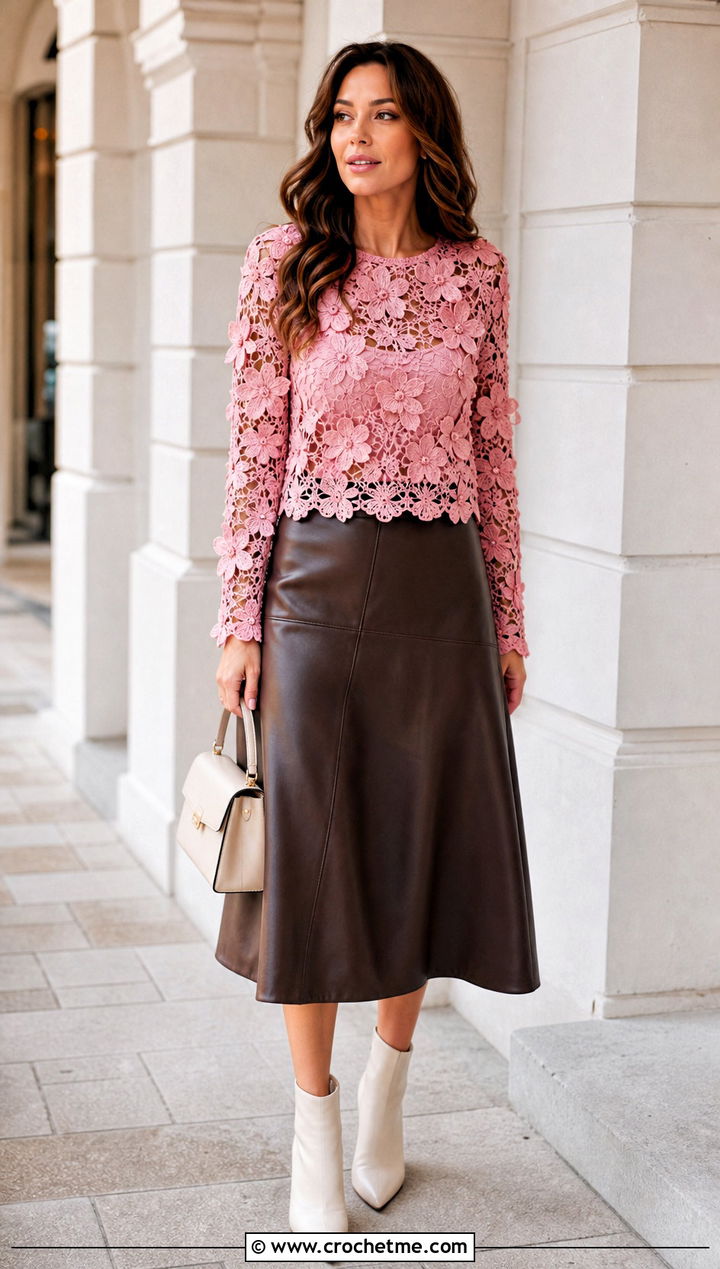 Floral Motif Lace Crochet Blouse With Leather Skirt - 15 lace crochet blouse design outfit ideas