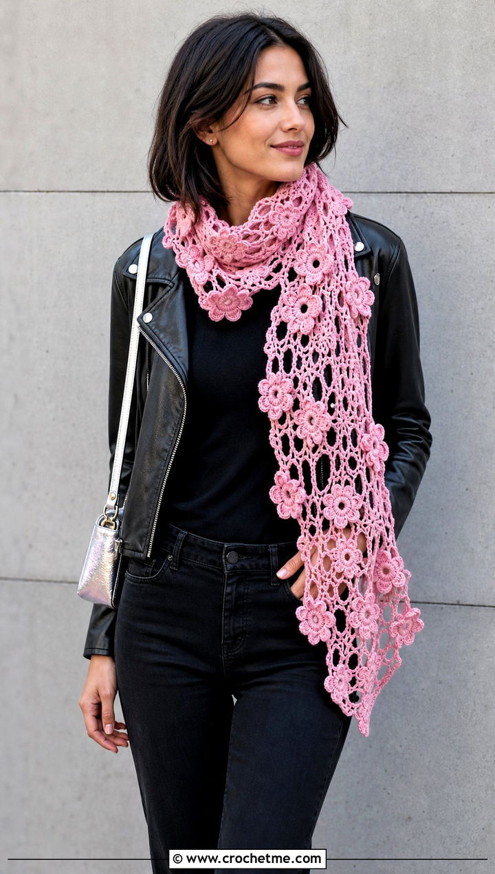 Floral Motif Lace Crochet Scarf With Leather Jacket And Black Jeans - 15 Easy Lace Crochet Scarf outfit ideas