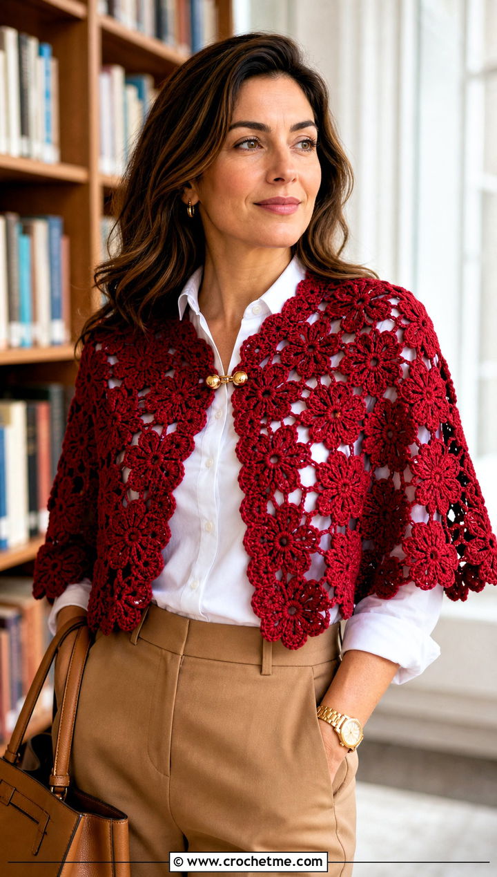 Floral Motif Lace Crochet Shawl With White Shirt - 25 Lace Crochet Shawl outfit ideas