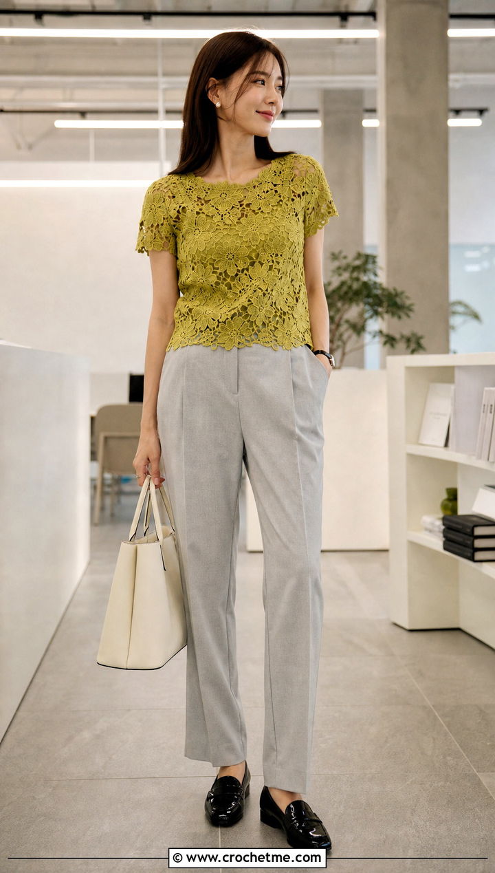 Floral Motif Lace Crochet Tee With Tailored Trousers - 15 summer lace crochet tee outfit ideas