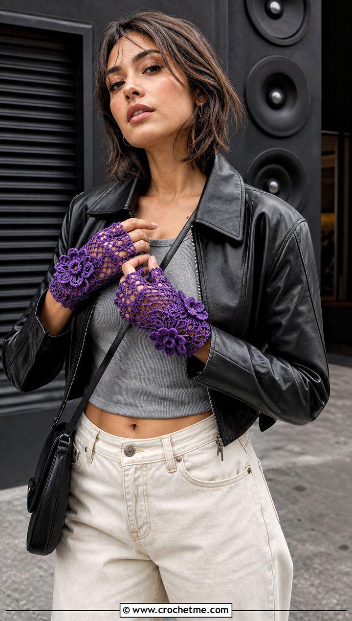 Floral Motif Lace Gloves With Leather Jacket - 25 lace crochet gloves outfit ideas