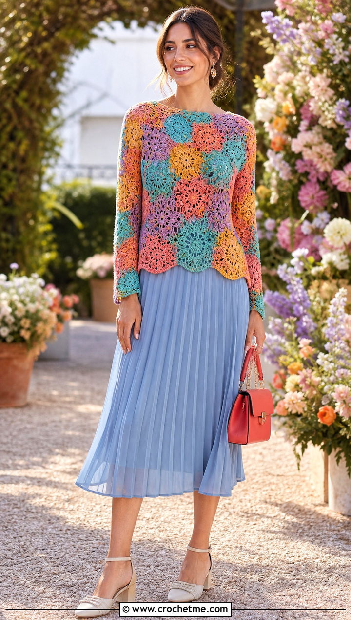 Floral Motif Lace Weight Crochet Sweater With Pleated Skirt - 15 Lace Weight Crochet Sweater outfit ideas