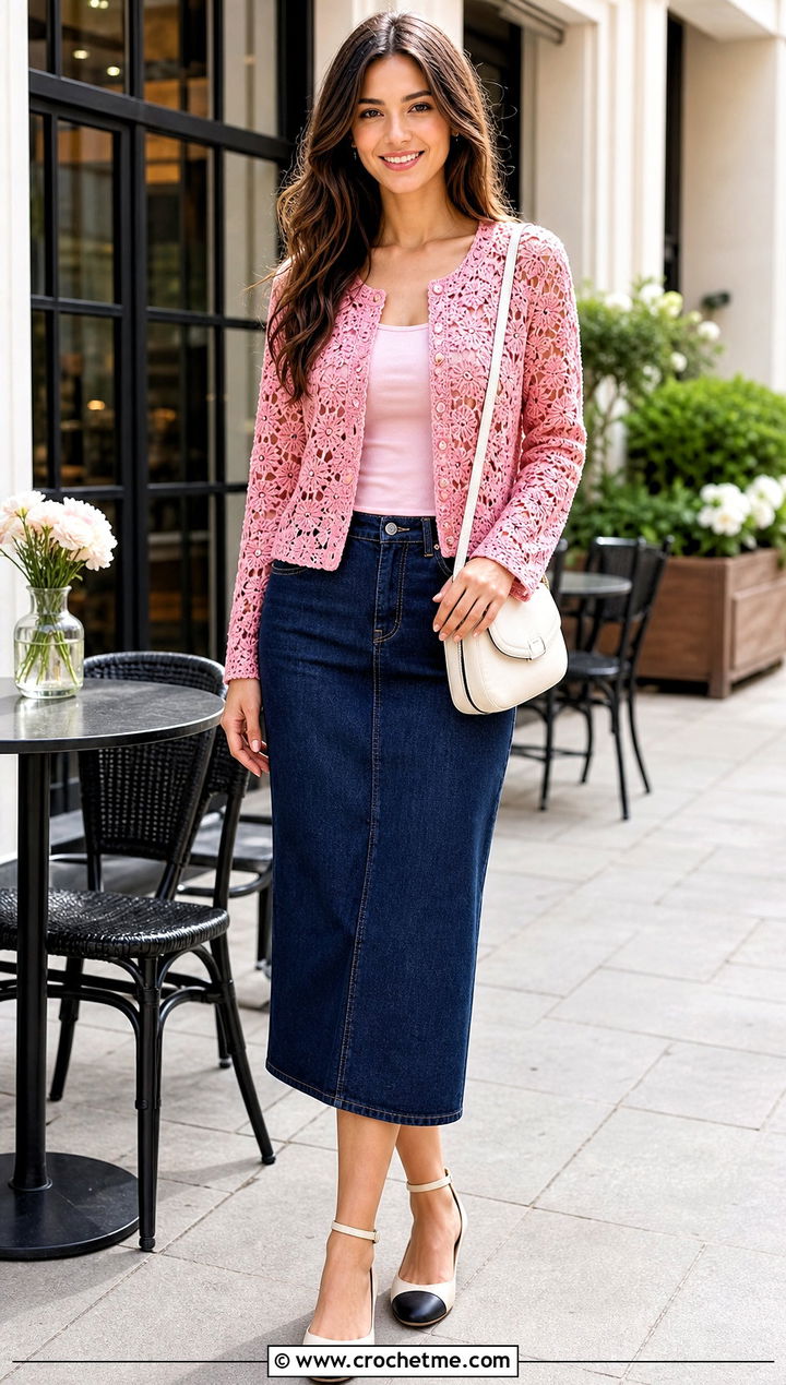 Floral Motif Lacy Crochet Sweater With Denim Midi Skirt - 25 Lacy Crochet Sweater outfit ideas