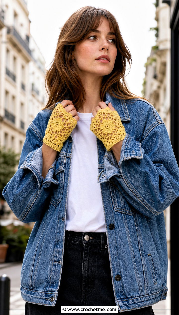 Floral Motif Lacy Fingerless Gloves With Denim Jacket - 15 Crochet Lacy Fingerless Gloves outfit ideas