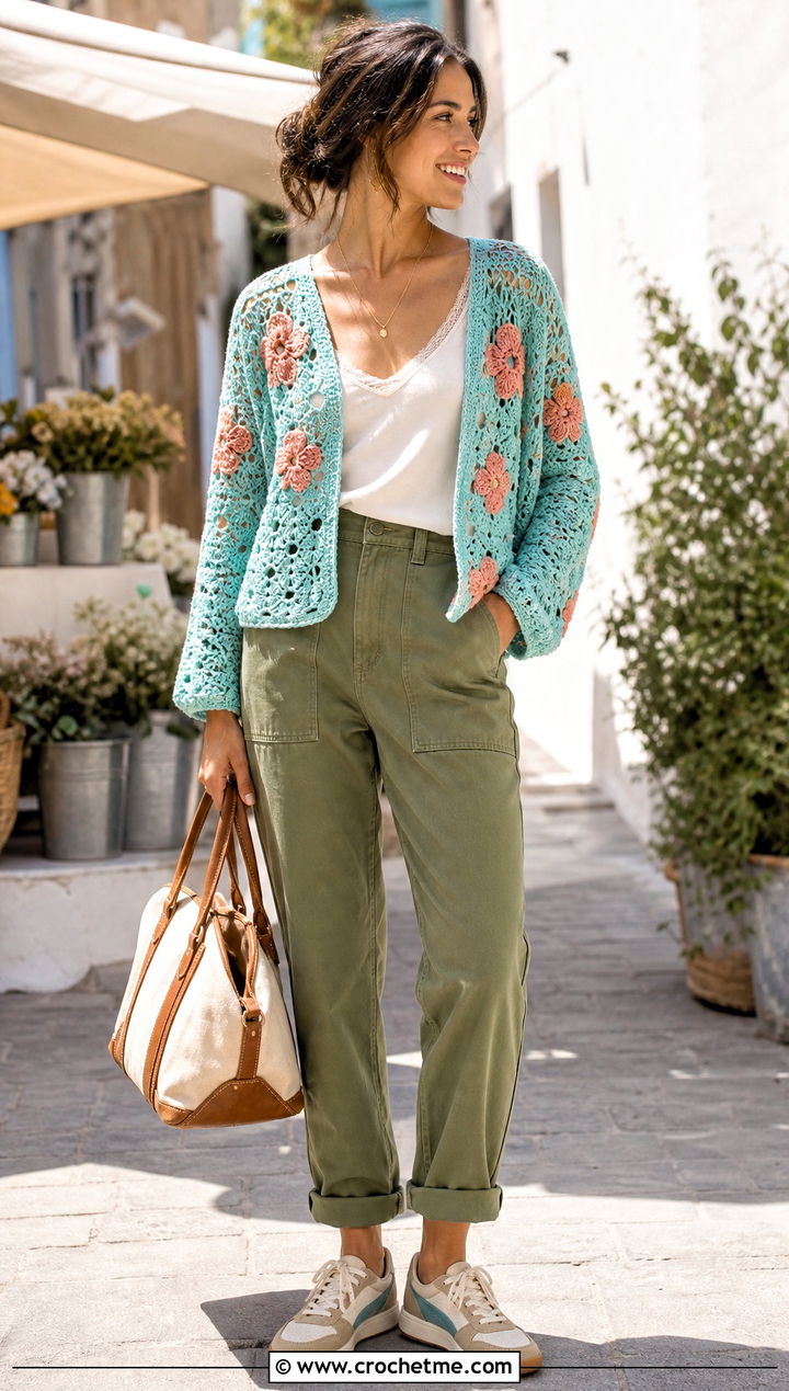Floral Motif Light Crochet Sweater With Utility Pants - 25 Light Crochet Sweater outfit ideas