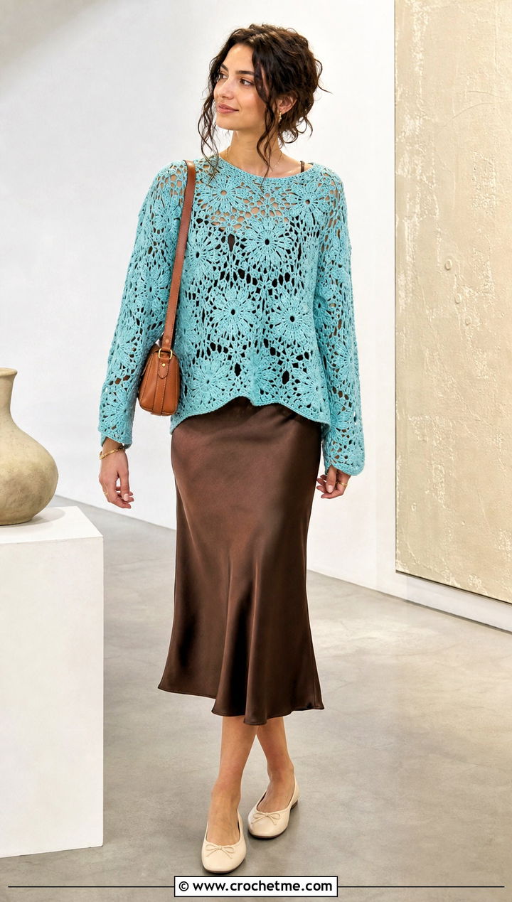 Floral Motif Loose Crochet Sweater Over A Slip Dress - 30 loose crochet sweater outfit ideas