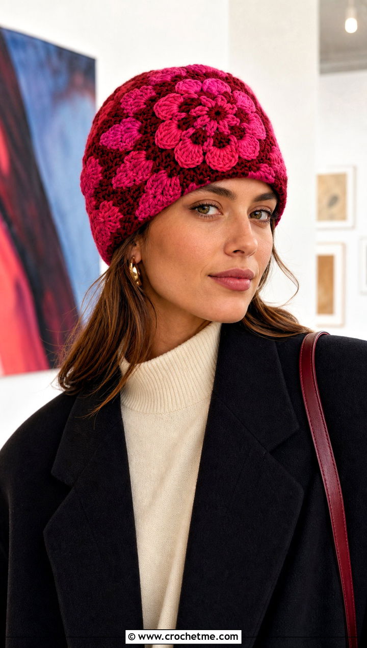 Floral Motif Mandala Crochet Beanie With Slip Skirt - 20 Mandala Crochet Beanie outfit ideas