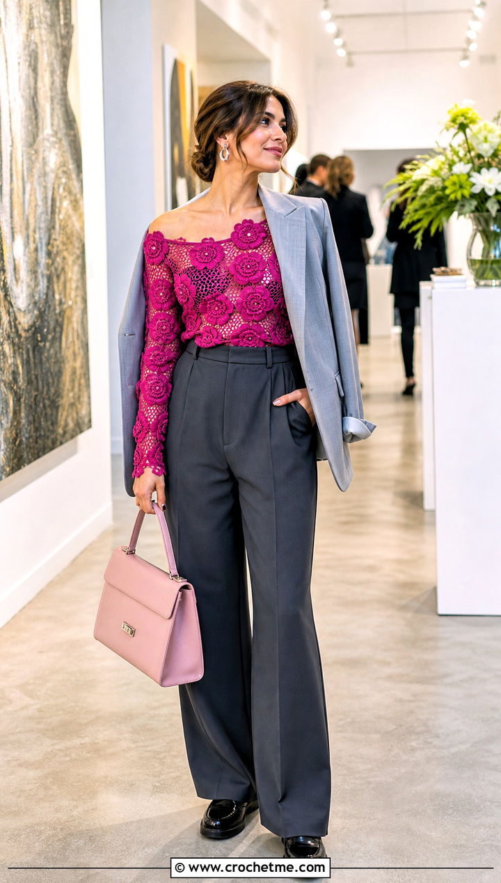 Floral Motif Mesh Off Shoulder Top With Relaxed Suiting - 25 crochet mesh off shoulder top outfit ideas