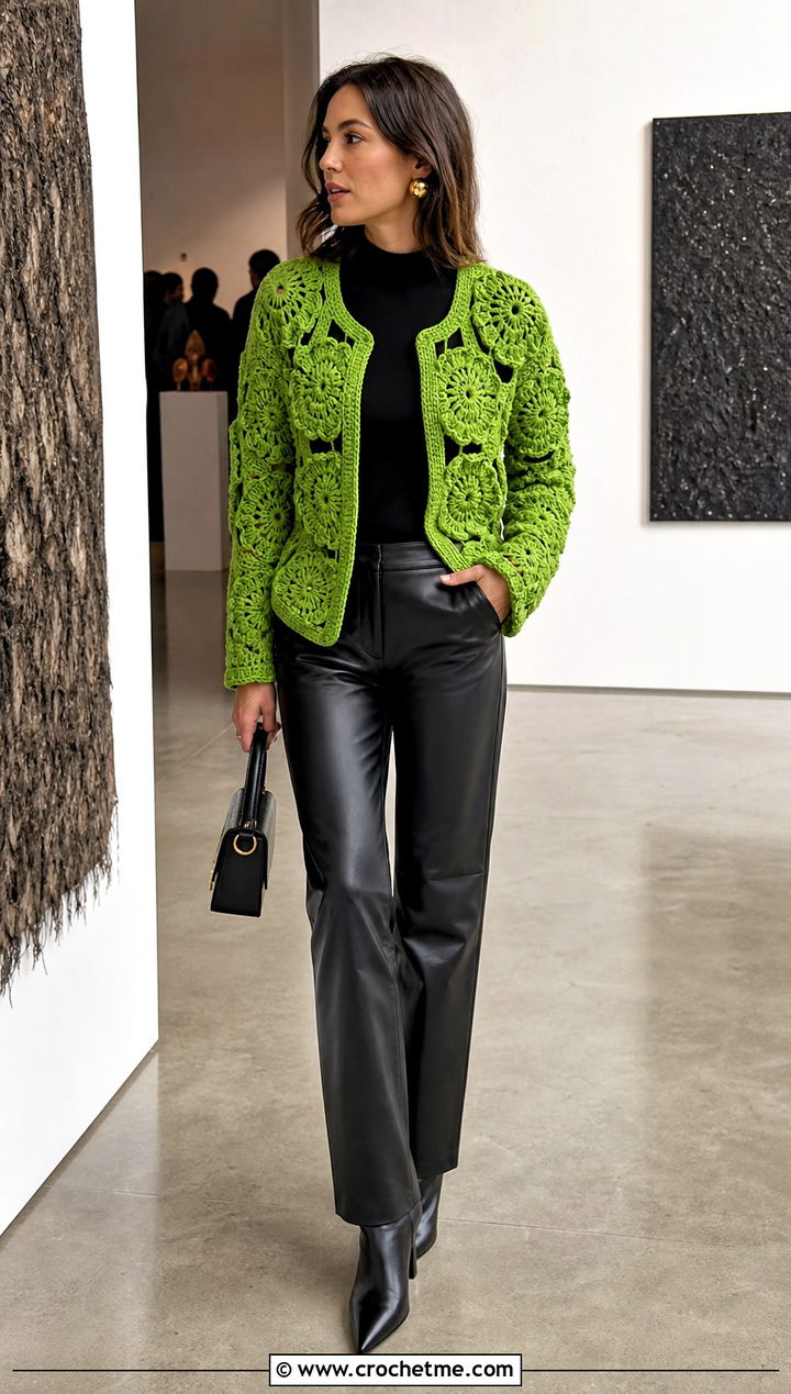 Floral Motif Octagon Crochet Cardigan With Leather Pants - 25 Octagon Crochet Cardigan outfit ideas