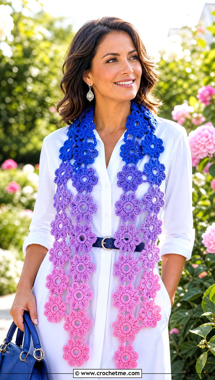 Floral Motif Ombre Crochet Scarf With Shirt Dress - 25 Ombre Crochet Scarf outfit ideas