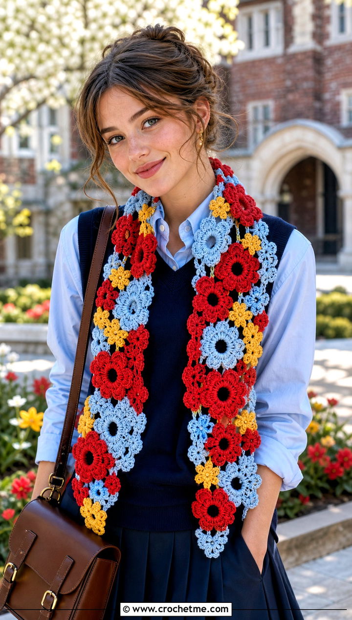 Floral Motif Openwork Crochet Scarf With Preppy Outfit - 15 openwork crochet scarf outfit ideas