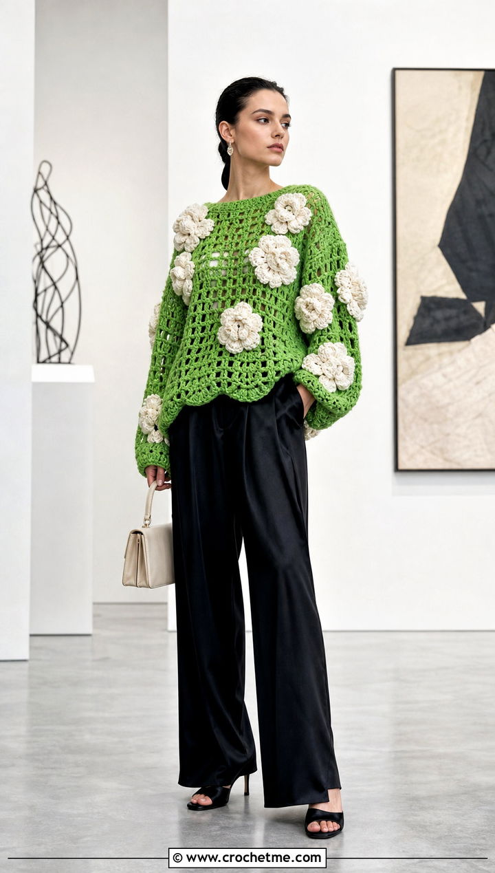 Floral Motif Oversized Crochet Jumper With Satin Trousers - 25 oversized crochet jumper outfit ideas