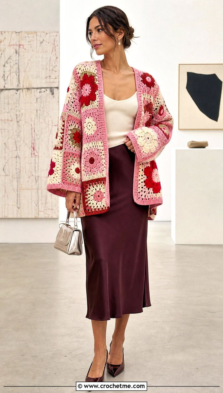 Floral Motif Oversized Patchwork Crochet Cardigan With Satin Slip Skirt - 15 oversized patchwork crochet cardigan outfit ideas