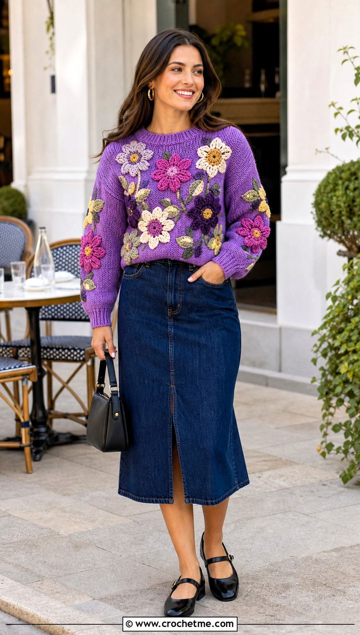 Floral Motif Panel Sweater With Denim Midi Skirt - 30 crochet panel sweater outfit ideas