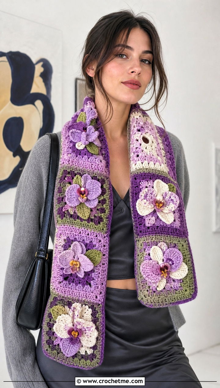 Floral Motif Patchwork Crochet Scarf With Slip Dress and Cardigan - 15 Patchwork Crochet Scarf outfit ideas