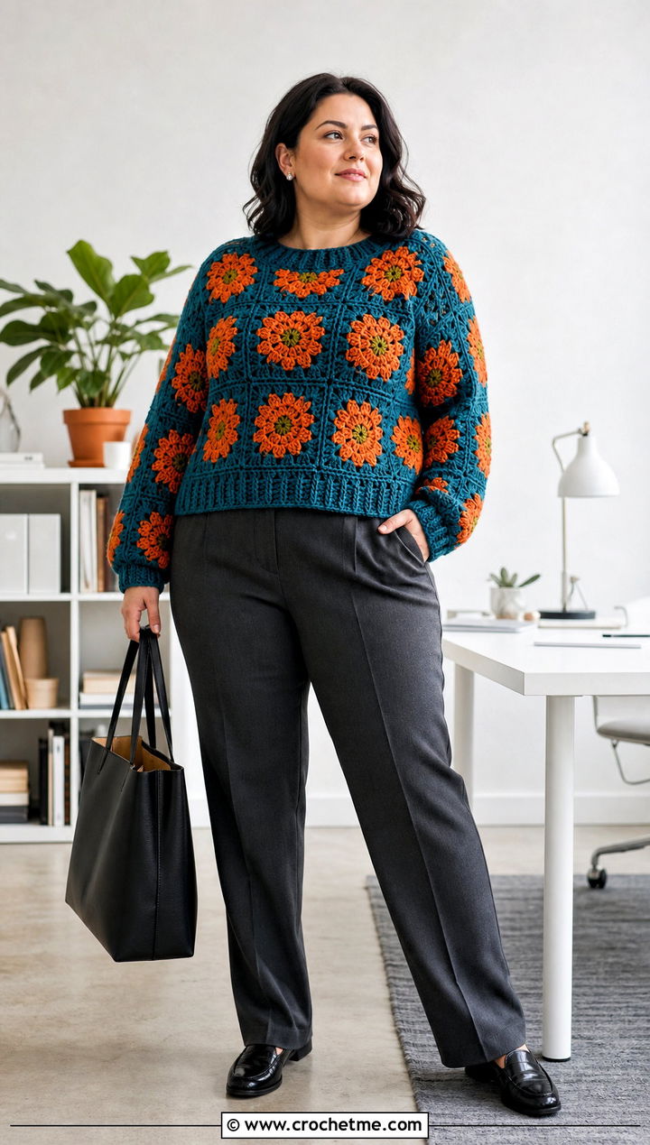 Floral Motif Patchwork Sweater With Tailored Trousers - 30 crochet patchwork sweater outfit ideas