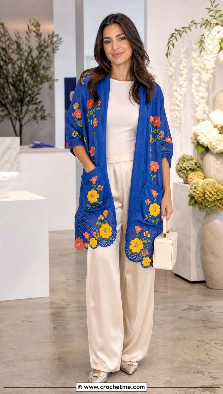 Floral Motif Pocket Shawl With Satin Pants - 35 crochet wrap with pockets outfit ideas