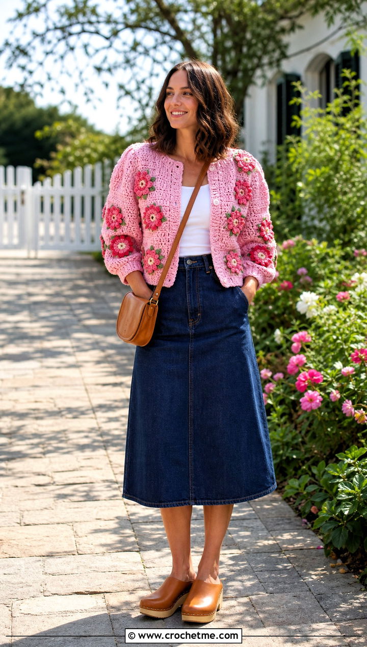 Floral Motif Puff Sleeve Crochet Cardigan With Denim Midi Skirt - 25 Puff Sleeve Crochet Cardigan outfit ideas