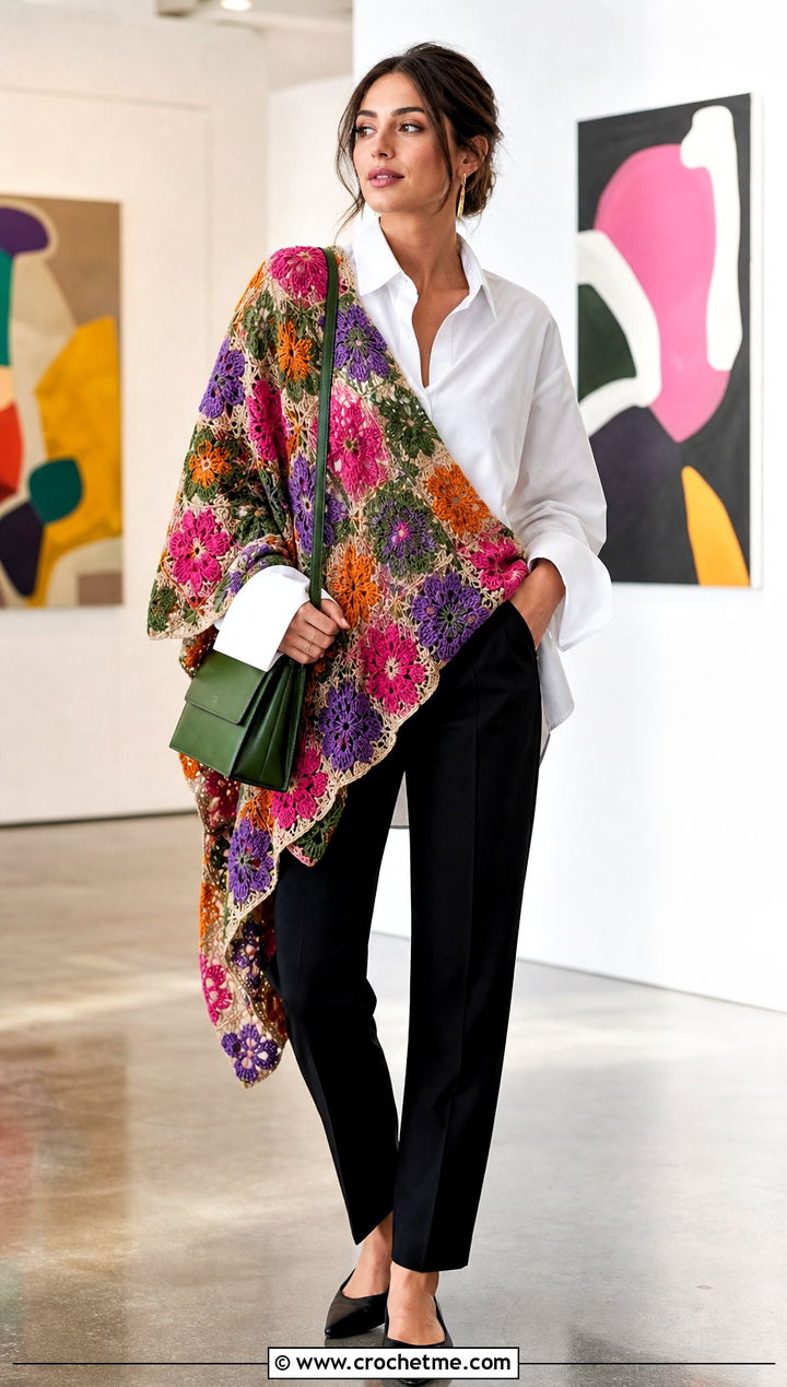 Floral Motif Rectangle Crochet Shawl With White Shirt - 20 Rectangle Crochet Shawls outfit ideas