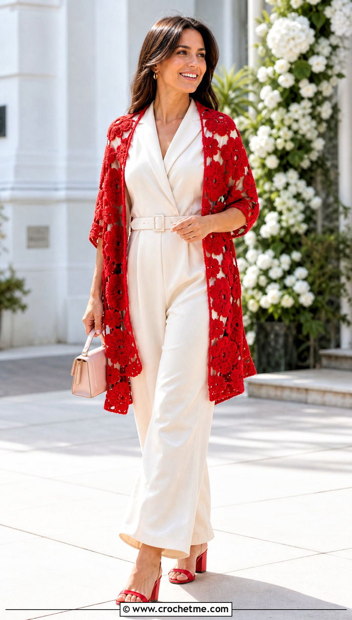Floral Motif Rectangle Crochet Wrap With Jumpsuit - 20 Rectangle Crochet Wrap outfit ideas