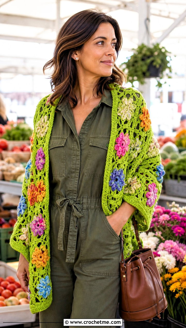 Floral Motif Rectangular Crochet Shawl With Utility Jumpsuit - 30 rectangular crochet shawls outfit ideas