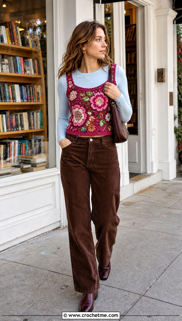 Floral Motif Rustic Crochet Tank Top With Corduroy Pants - 15 rustic crochet tank top outfit ideas