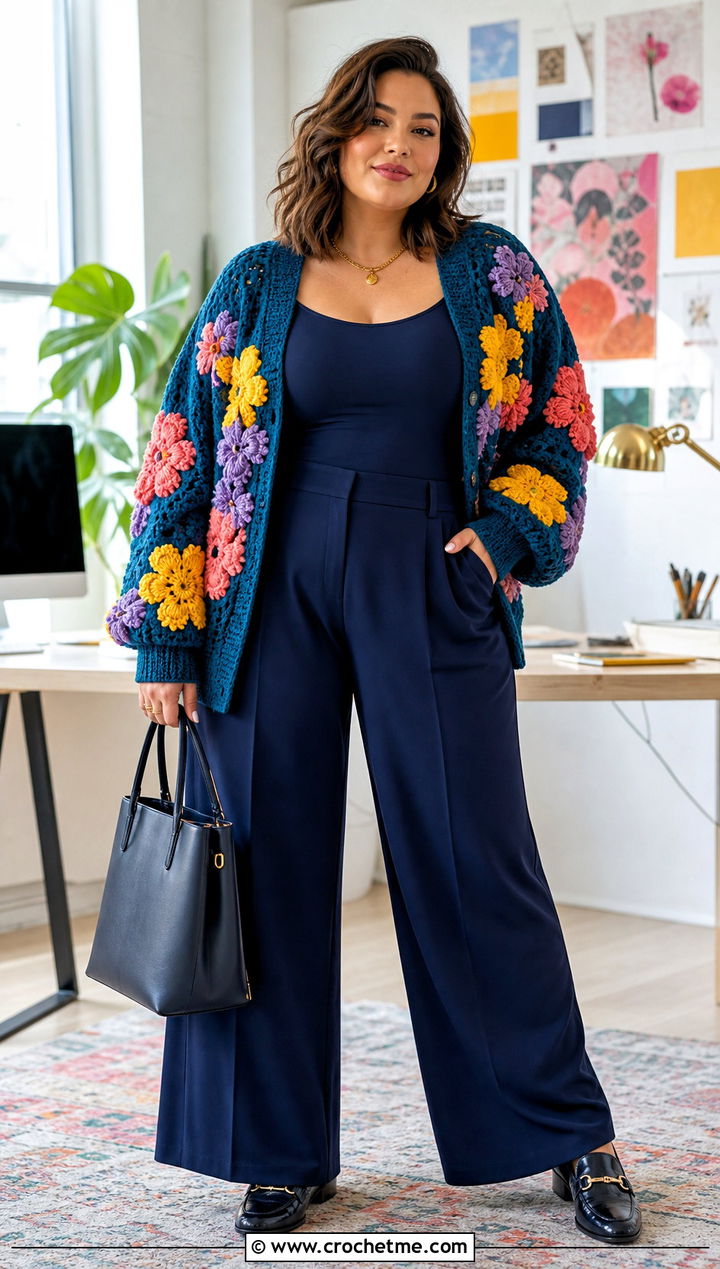 Floral Motif Scrap Cardigan With Wide Leg Trousers - 15 Crochet Scrap Cardigan outfit ideas