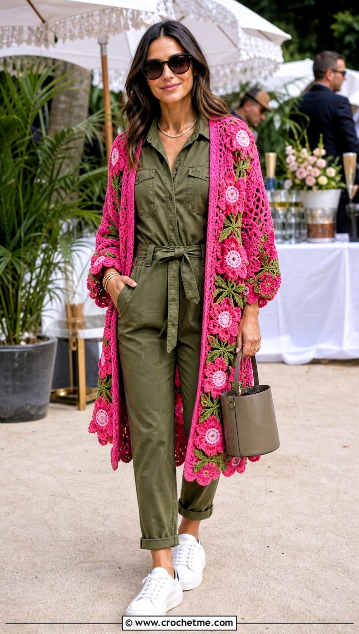 Floral Motif Shawl Crochet Cardigan With Utility Jumpsuit - 25 Shawl Crochet Cardigan outfit ideas