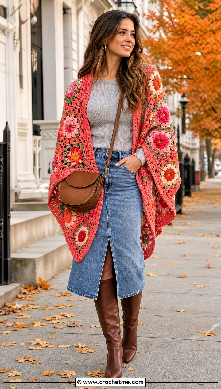 Floral Motif Square Crochet Shawl With Denim Midi Skirt - 25 Square Crochet Shawl outfit ideas