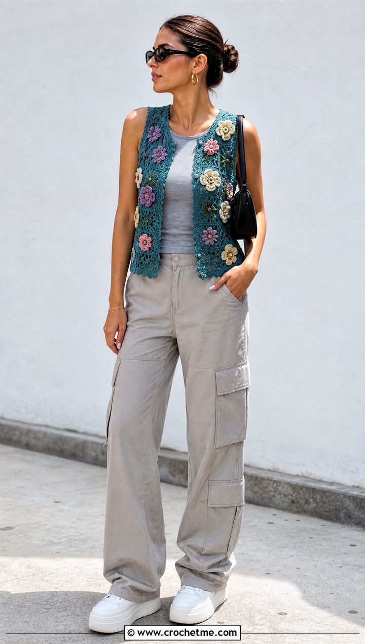Floral Motif Summer Crochet Vest With Cargo Pants - 15 Summer Crochet Vest Style outfit ideas