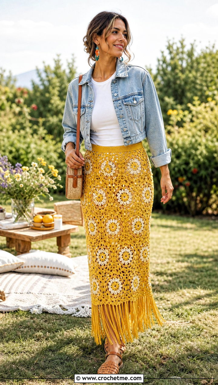 Floral Motif Tassel Crochet Skirt With Denim Jacket - 30 crochet skirt with tassels outfit ideas