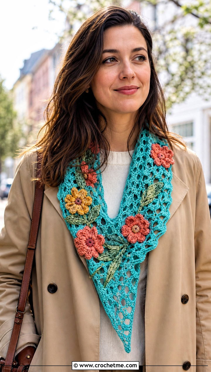 Floral Motif Triangle Crochet Scarf With Trench Coat - 15 Boho Triangle Crochet Scarf outfit ideas