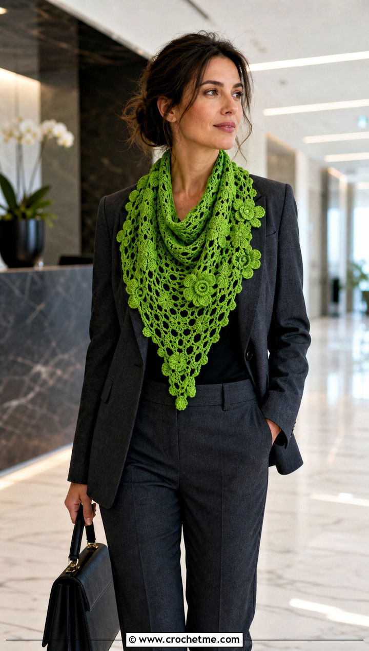 Floral Motif Triangle Crochet Shawl With Tailored Suit - 25 triangle crochet shawls outfit ideas