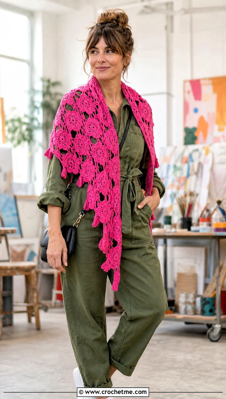 Floral Motif Triangle Crochet Shawl With Utility Jumpsuit - 30 easy triangle crochet shawl outfit ideas