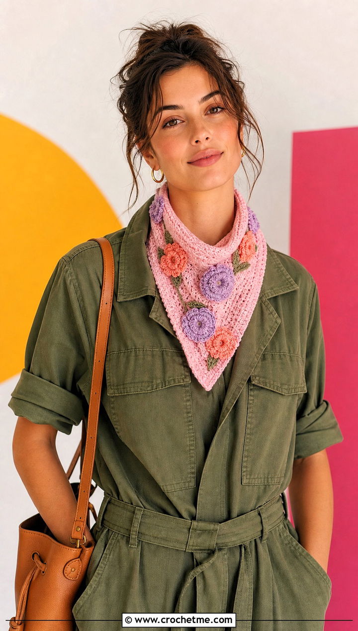 Floral Motif Triangle Scarf With Utility Jumpsuit - 25 Crocheted Triangle Scarf outfit ideas