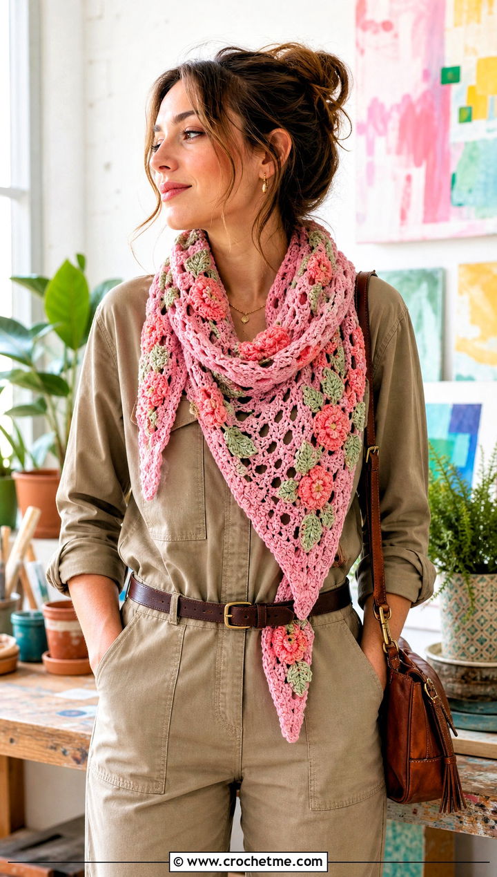 Floral Motif Triangle Shawl With Utility Jumpsuit - 30 easy crochet triangle shawl outfit ideas