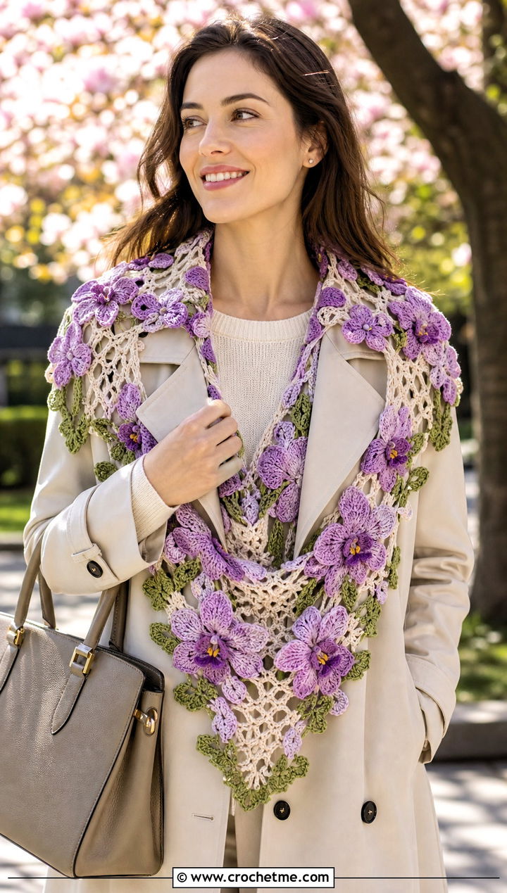 Floral Motif Triangular Crochet Shawl With Trench Coat - 25 triangular crochet shawl outfit ideas