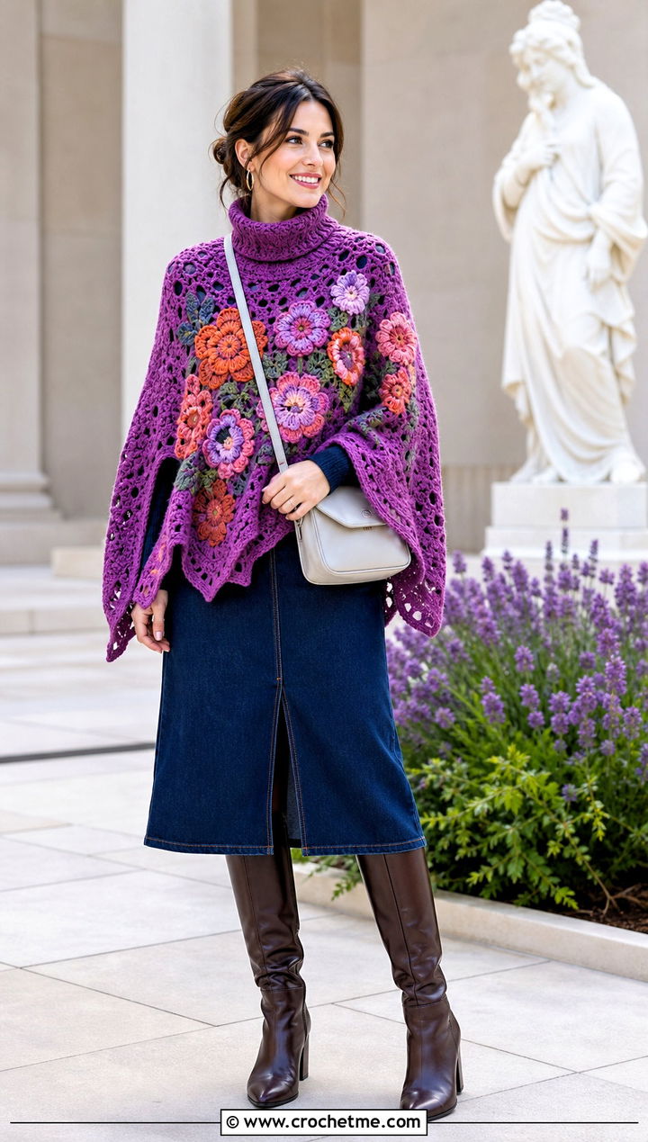 Floral Motif Turtle Neck Crochet Poncho Over A Denim Dress - 25 Turtle Neck Crochet Poncho outfit ideas