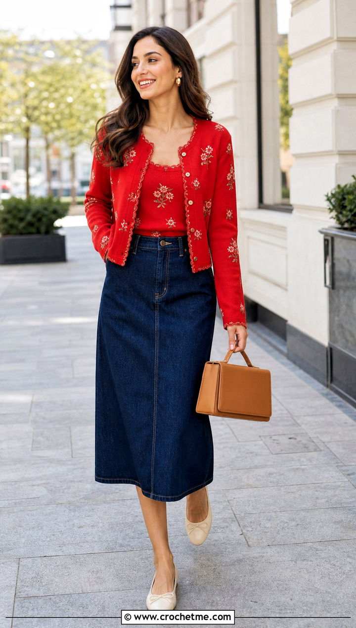Floral Motif Twinset Cardigan With A Line Skirt - 30 crochet flower cardigan outfit ideas