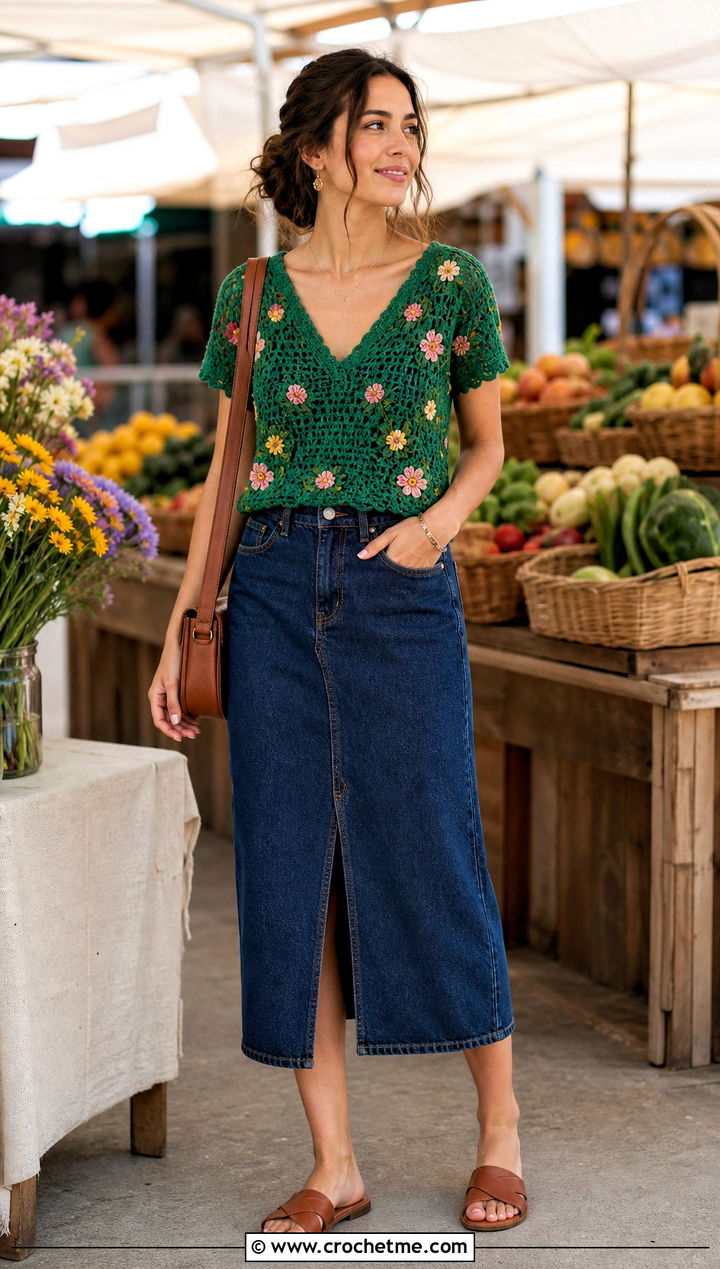 Floral Motif V Neck Crochet Top With Denim Midi Skirt - 35 v neck crochet top outfit ideas