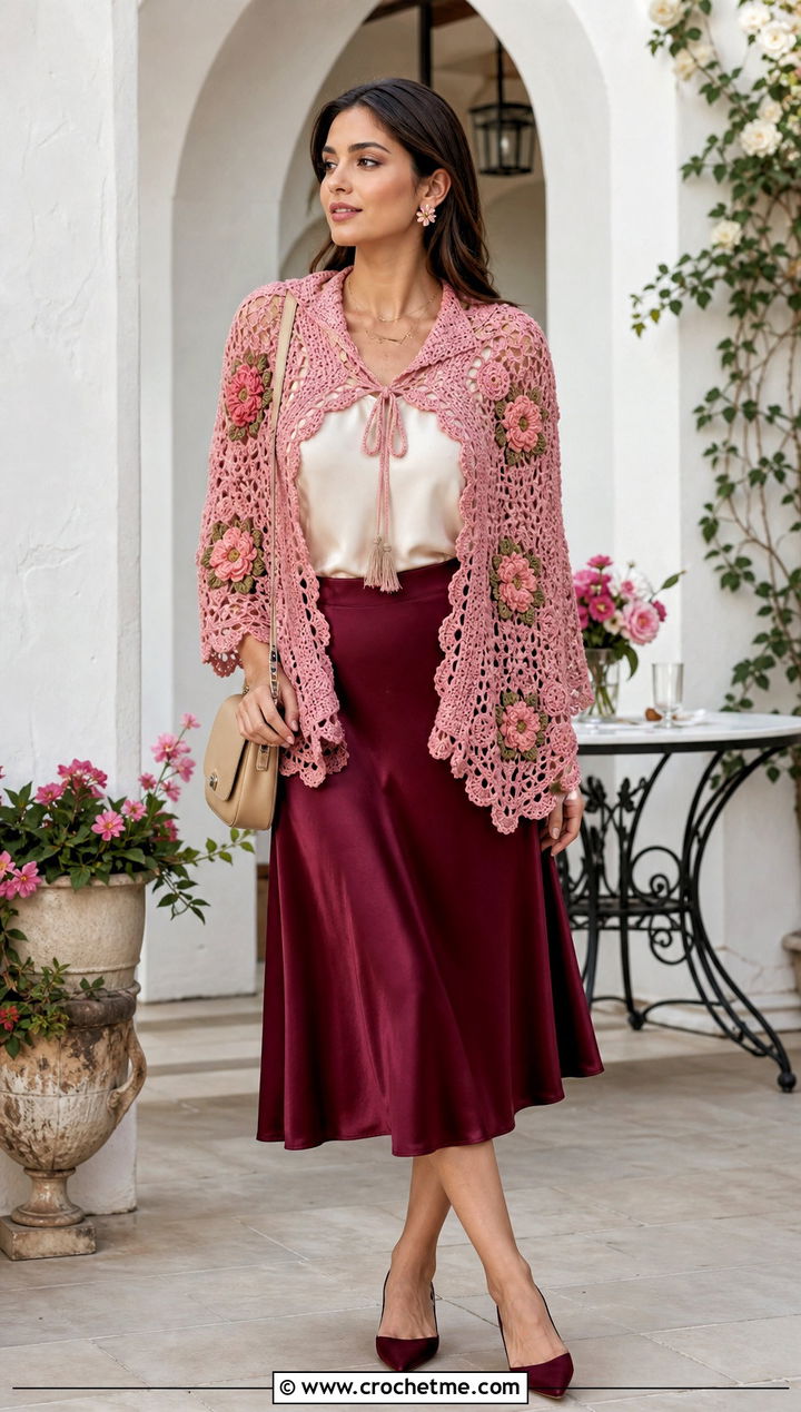 Floral Motif Vintage Crochet Poncho With Satin Skirt - 15 Vintage Crochet Poncho outfit ideas