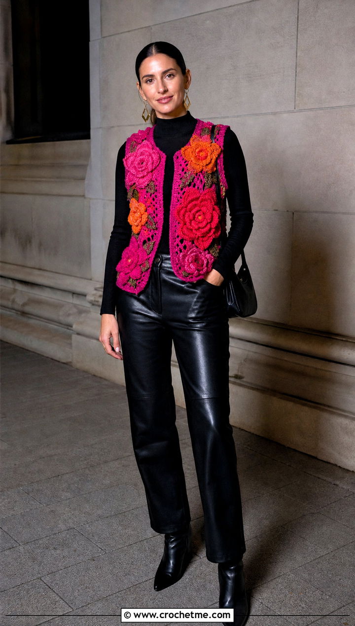 Floral Motif Vintage Crochet Vest With Leather Pants - 25 Vintage Crochet Vest outfit ideas