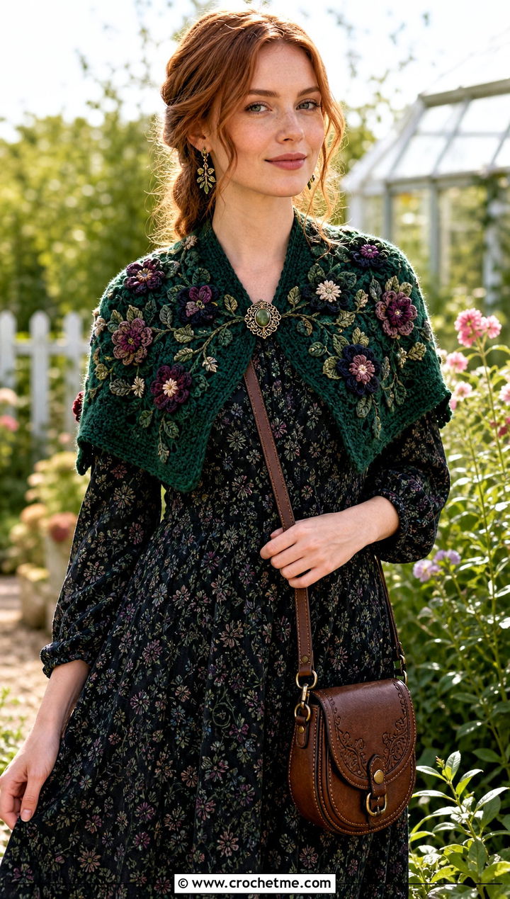 Floral Motif Witch Crochet Capelet With Prairie Dress - 15 Witch Crochet Shawl outfit ideas