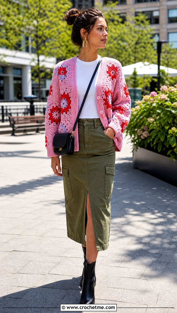 Floral Motif Worsted Weight Crochet Cardigan With Utility Skirt - 25 Worsted Weight Crochet Cardigan outfit ideas